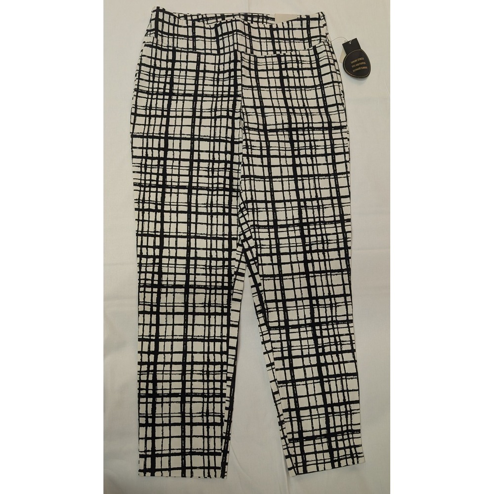 Larry Levine Slimming 360 Stretch Ankle Pants White Black Plaid Print Sz 12 NWT‎